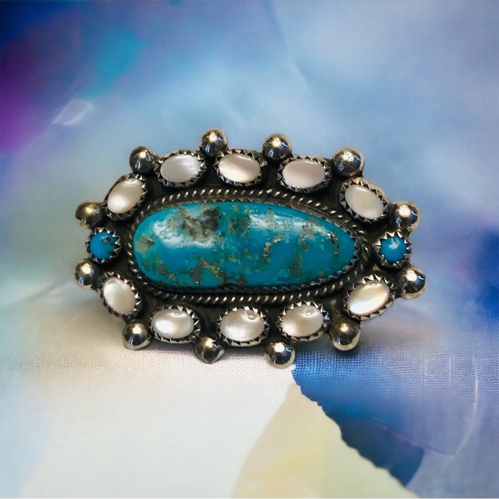 Native American Turquoise & Moonstone Brooch in Sterling Silver Setting. $160.